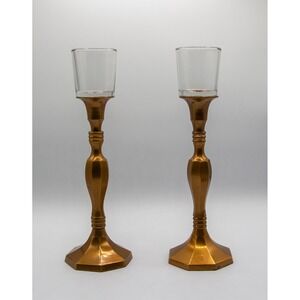 Vintage Brass Tone Metal Taper Candlestick Holders with Glass Votive Cups Pair